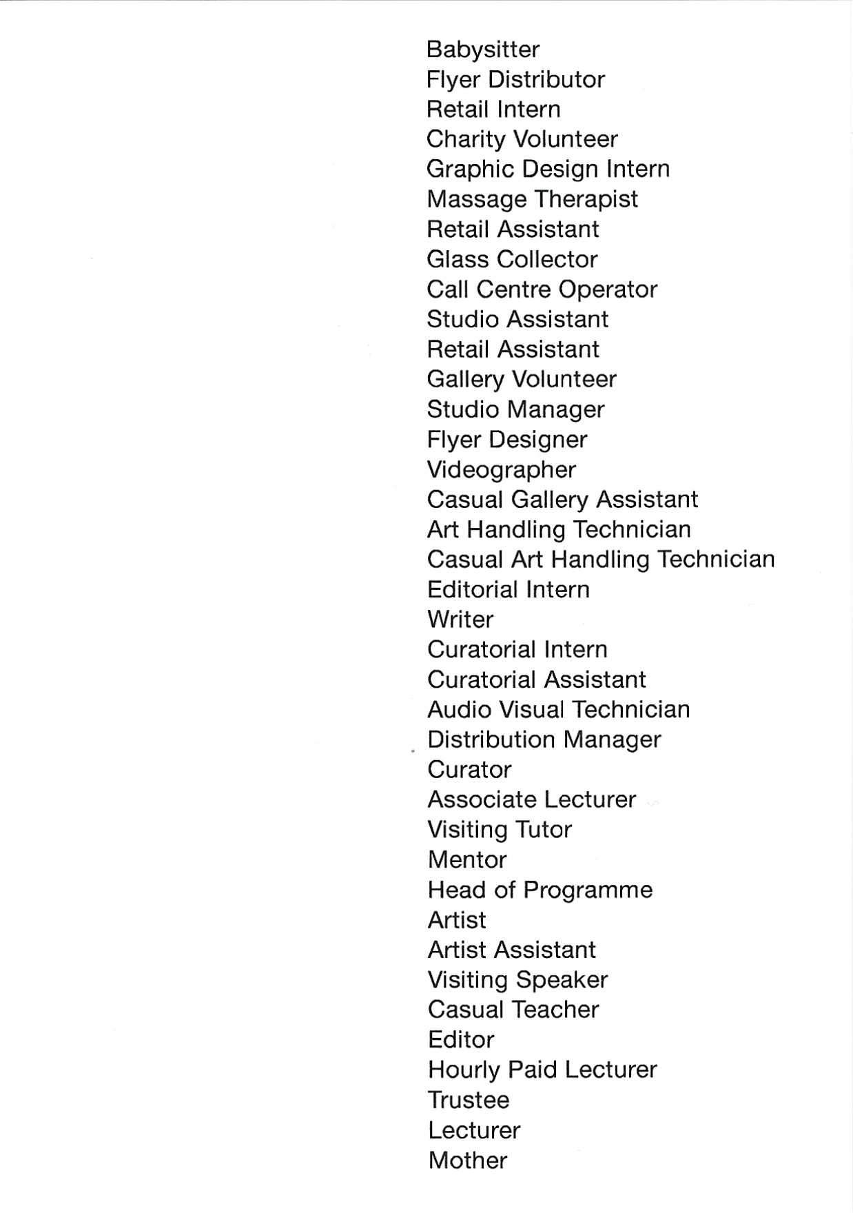Score: A List of Jobs held by the Artist